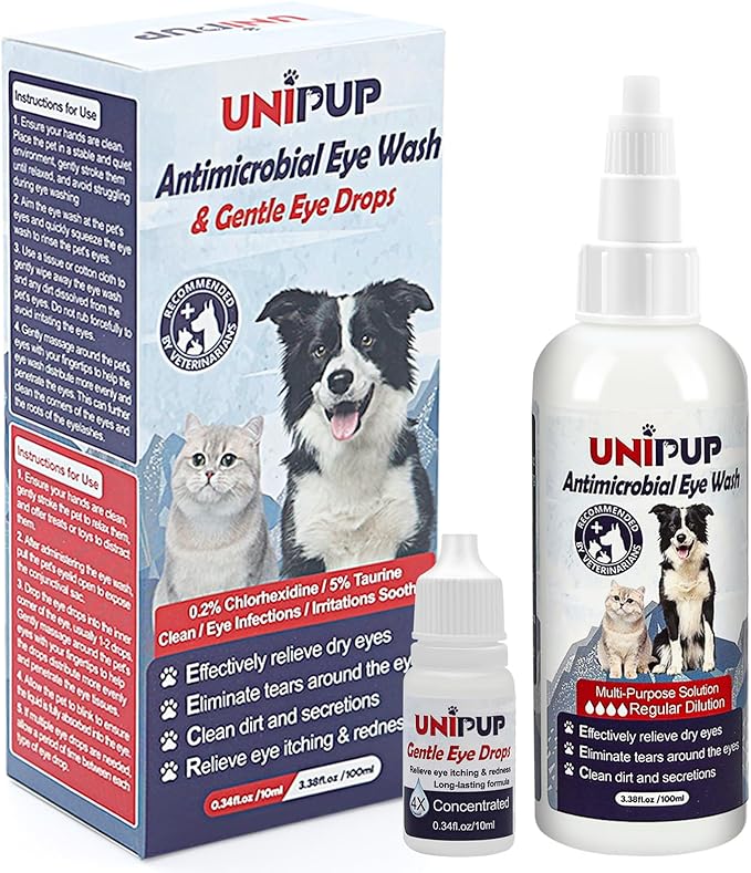 Dog Eye Wash 3.38 fl. oz and Eye Drops 0.34 fl. oz Set for Dogs and Cats to Flush and Soothe Eye Irritations, Dog Tear Stain Cleaner, for Allergies, Mucus, Irritation and Weepy Eyes