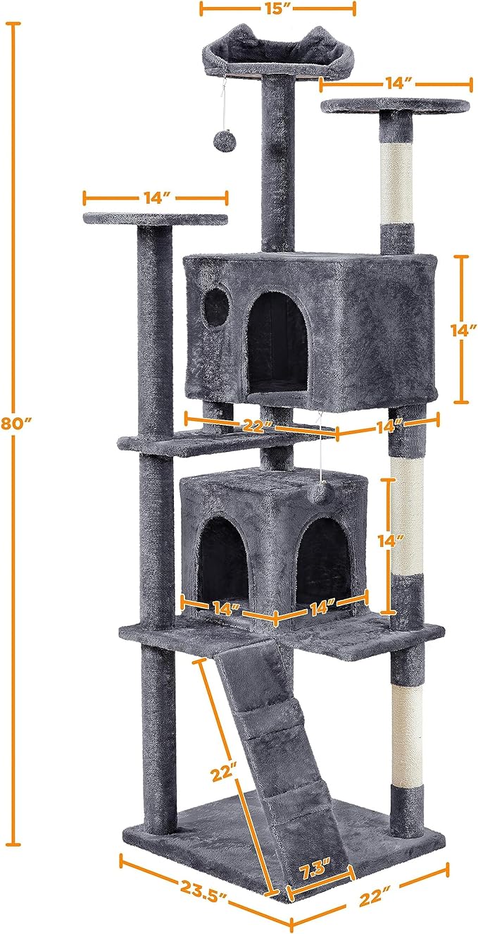 Yaheetech XL Cat Tree, 80in Multi-Level Cat Tower with Cat Scratching Posts, Double Cat Caves, Perched Platforms and Dangling Balls, Cat Stand House for Kittens Pet, Dark Gray