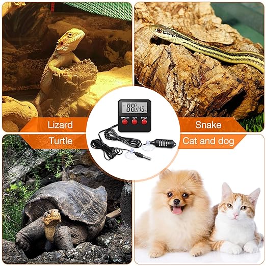 Weewooday 4 Pcs Reptile Thermometer and Humidity Gauge Reptile Terrarium Thermometer Hygrometer with Probes Indoor Outdoor Digital Pet Temperature and Hygrometer Gauge for Reptiles Pet Keeping