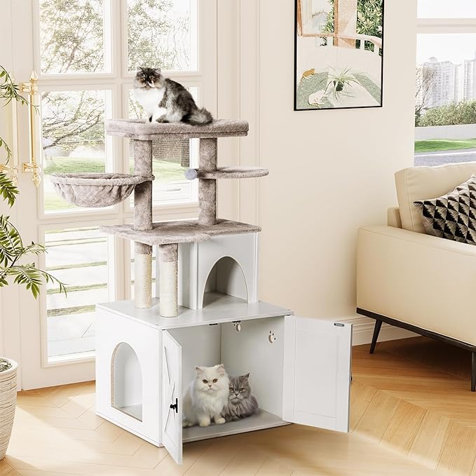 Snughome Cat Litter Box Enclosure with Cat Tree Tower and Condo, Hidden Cat Washroom Furniture with Sisal Scratching Post and Soft Plush Perch, Wooden Cat Furniture with Multiple Platforms, White