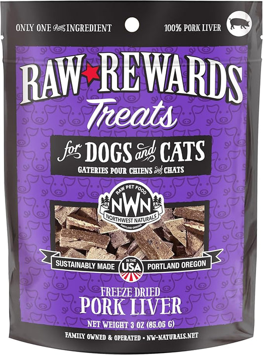 Northwest Naturals Raw Rewards Freeze-Dried Pork Liver Treats for Dogs and Cats - Bite-Sized Pieces - Healthy, 1 Ingredient, Human Grade Pet Food, All Natural - 3 Oz (Packaging May Vary)