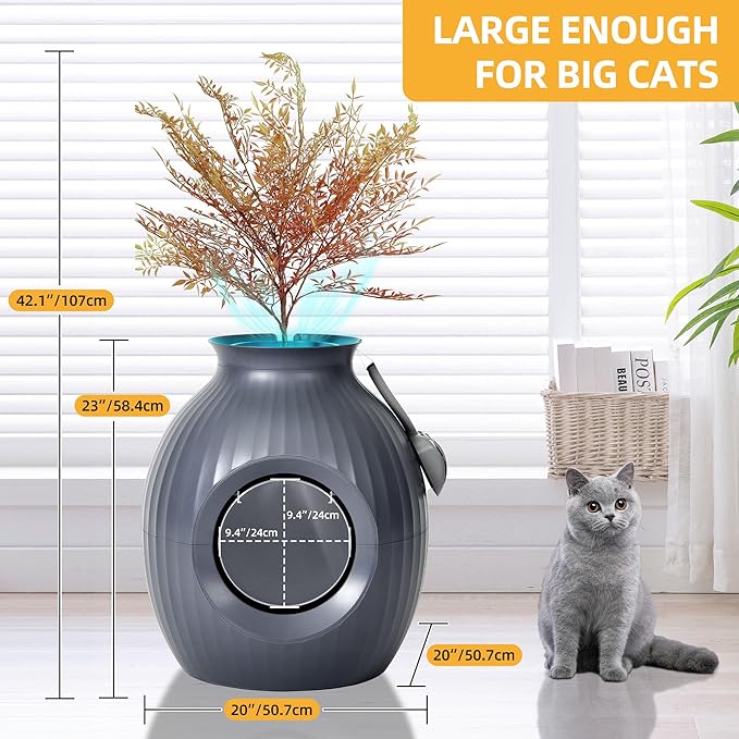 YITAHOME Smart Plant Litter Box with Odor Control & Sterilization System, Hidden Cat Litter Box Plant Furniturewith Led Light for Cats, Includes Scoop, Stones, Artificial Plants, Grey & Red