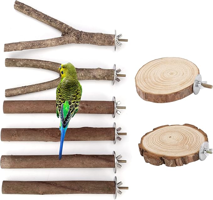 Mogoko 8 PCS Natural Wood Bird Perch Birdcage Stand Wooden Parrot Perch Stand Perch Platform Cage Accessories for Parrotlets Budgies Cockatiels Parakeets Lovebirds