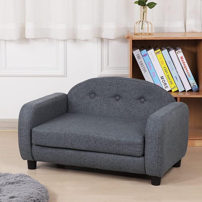 Dog Sofas and Chairs for Small Pet/Cat Sofa Bed with Wooden Frame/Bed for dogs with Linen Fabric/Cat Sofa Chair with Cushion/Dog Couch for Small Dog Rest Using (Grey)