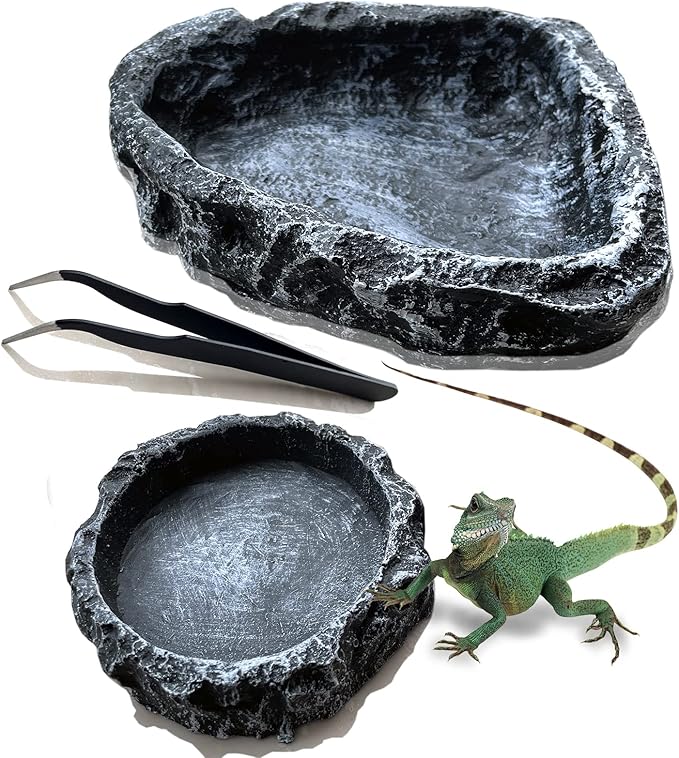 Reptile Feeding Dish Water Bowls 2 Pack Food Dish Water Dish Reptile Dish with Breadworm Feeding for Dragon Leopard Gecko Lizard Spider Scorpion Chameleon ((Round + Corner) Bowl+Tongs)