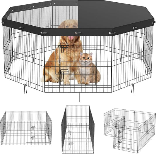 VEVOR Foldable Metal Dog Exercise Pen, Pet Puppy Playpen Yard Fence with Top Cover & Door, Indoor Outdoor 8 Panels 24" W x 24" H Dogs Crate Kennel with Ground Stakes for Small & Medium Dogs