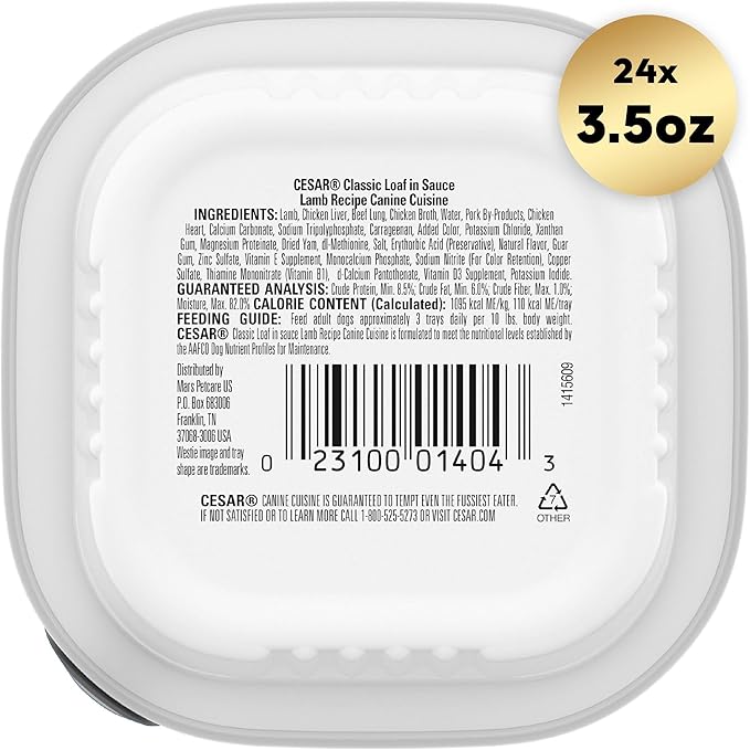 CESAR Adult Wet Dog Food Classic Loaf in Sauce Lamb Recipe, 3.5 oz. Easy Peel Trays, Pack of 24