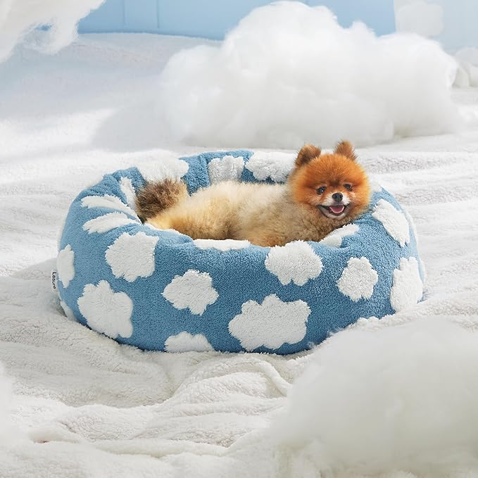 Lesure Donut Small Dog Bed - Round Cat Beds for Indoor Cats Calming Pet Beds, Cute Modern Beds with Jacquard Shaggy Plush & Anti Slip Bottom, 23 Inch, Blue