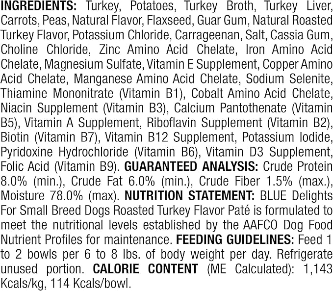 Blue Buffalo Delights Natural Adult Small Breed Wet Dog Food Cups, Pate Style, Roasted Turkey Flavor in Savory Juice 3.5-oz (Pack of 12)