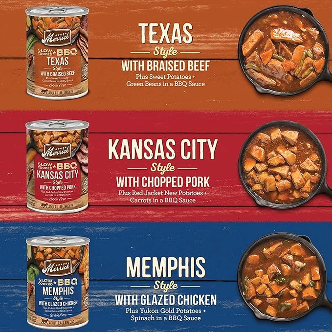 Merrick Slow-Cooked BBQ Premium Real Meat Canned Wet Dog Food Variety Pack, Beef, Chicken And Pork Recipes - (Pack of 1) 9.5 lb. Cans