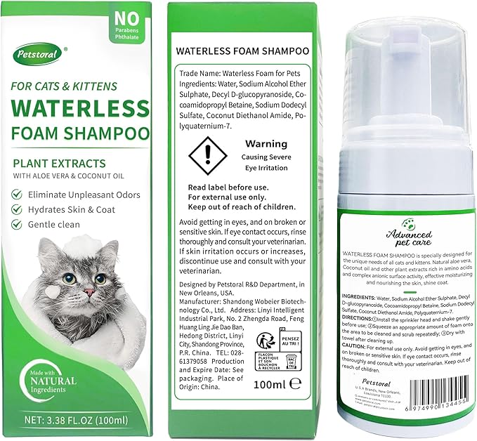 Waterless Cat Shampoo No Rinse Kitten Shampoo, Easy Cat Bath Cleaner - Hypoallergenic Cat Shampoo for Long and Short Hair