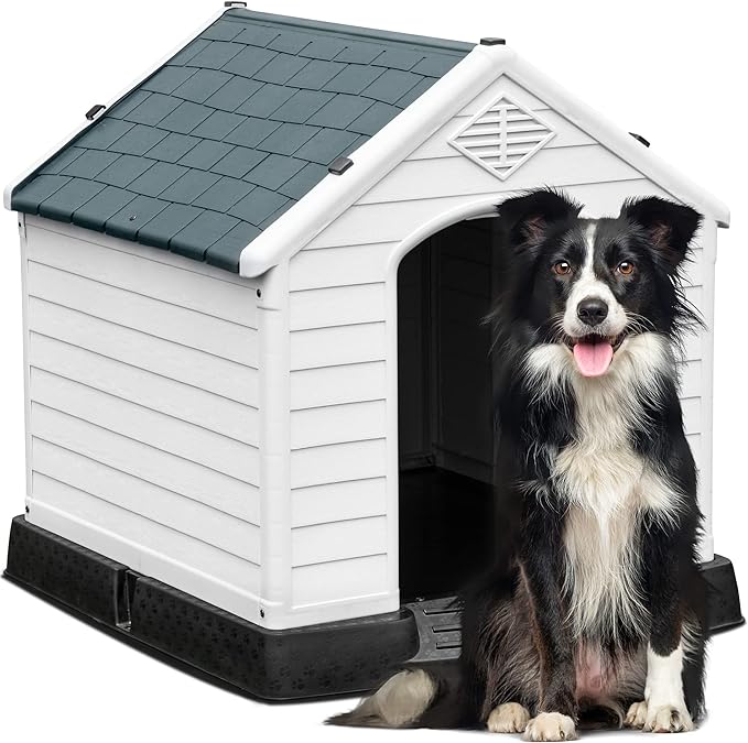 YITAHOME 34.5'' Large Plastic Dog House Outdoor Indoor Doghouse Puppy Shelter Water Resistant Easy Assembly Sturdy Dog Kennel with Air Vents and Elevated Floor (34.5''L*31''W*32''H, Gray)