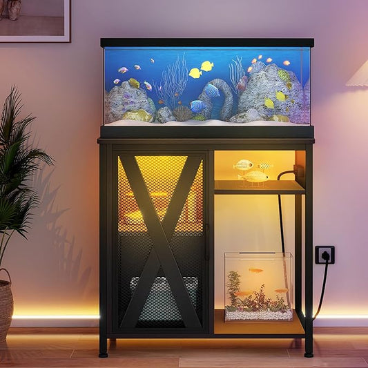 DWVO 20-29 Gallon Aquarium Stand with Power Outlets & LED Light, Cabinet for Fish Tank Accessories Storage - Metal Fish Tank Stand Suitable for Turtle Tank, Reptile Terrarium, 350LBS Capacity, Black