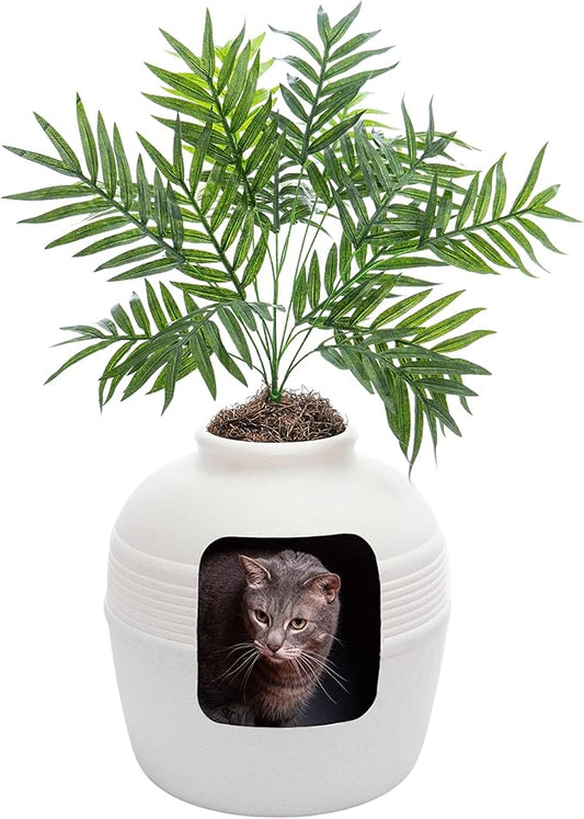 Good Pet Stuff, The Original Hidden Litter Box Base Kit, Round Enclosed Cat Litter Box Planter with Artificial Plants, Vented Carbon Odor Filter System, Florist Moss, Easy to Clean, White Birch