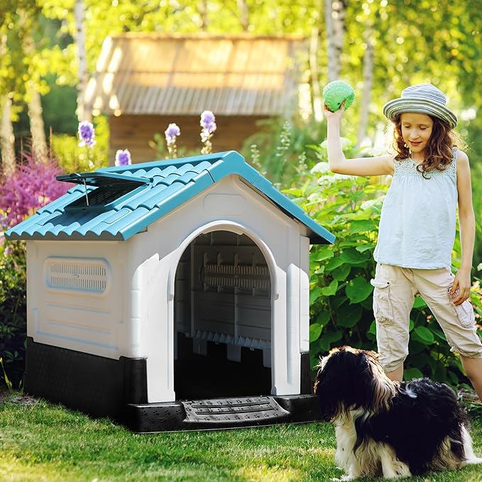 YITAHOME 33.1'' Folding Large Dog House Outdoor Plastic Doghouse with Adjustable Skylight and Elevated Base Water Resistant Pet House for Small, Medium Dogs (33.1''L*27.6''W*30''H)