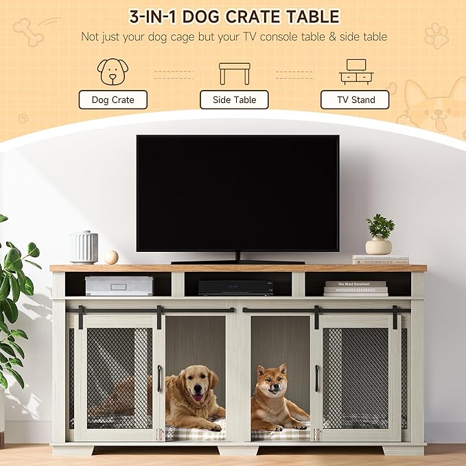 71" Extra Large Dog Crate Furniture, Wooden Double Dog Crates Kennel Cage,Furniture Style TV Stand Side End Table for 2 Dogs with Removable Divider for Large Dogs,3 Storage,White/Light Oak