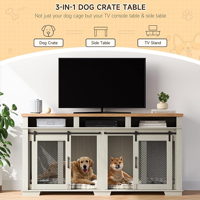 Dog Crate Furniture, 71" Heavy Duty Dog Kennel with 3 Storage Cubby for 2 Dogs, Versatile Dog House with Removable Divider and 2 Sliding Barn Door for Large Dog, White/Light Oak