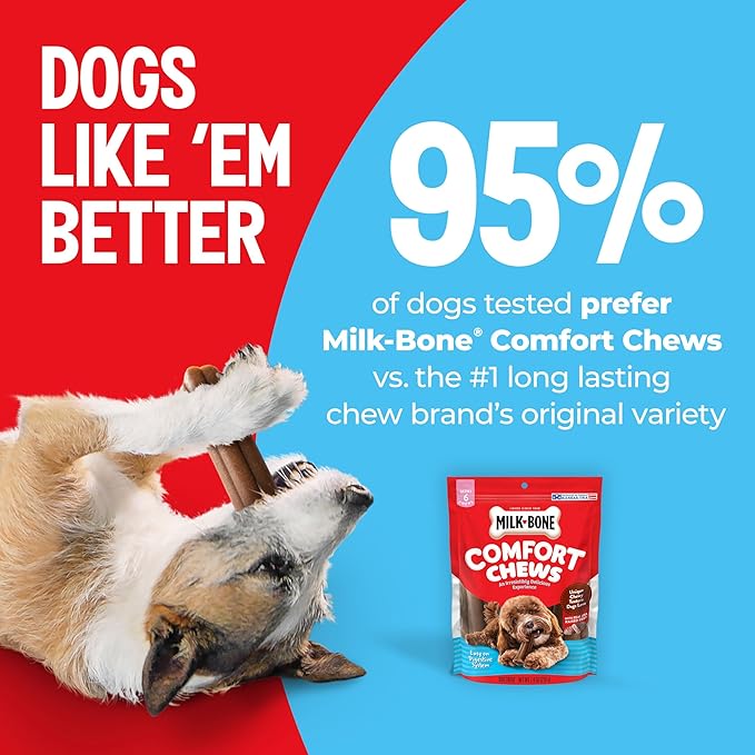 Milk-Bone Comfort Chews, Rawhide Free Dog Treats with Unique Chewy Texture and Real Beef, 9 Chews (Pack of 4), Easy on Digestive System