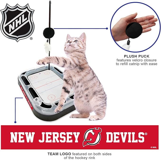 Pets FIrst Cat Scratching Toy NHL New Jersey Devils Hockey Field Cat Scratcher Tiy with Interactive Cat Ball Bell in Tracks. 5-in-1 CAT Toy