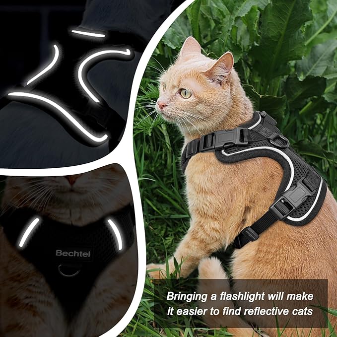 Cat Car Harness and Leash for Walking, The Upgrade Can be Adjusted in Four Directions and Breathable Cat Harness for Anti Escape that can be Fitted and Positioned, Reflective Strips Harness, Black, XS