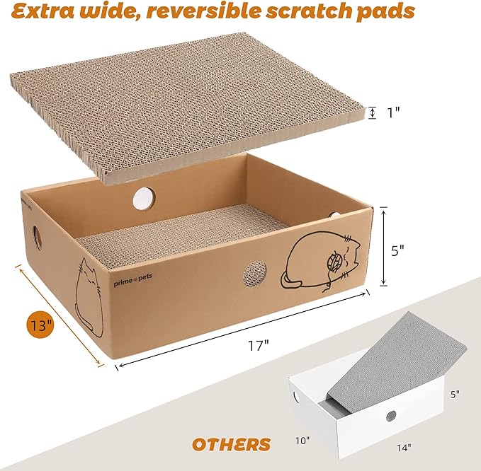 PrimePets Wide Cat Scratch Pad with Box, 5 Pack, XL, Reversible Scratcher Cardboard for Indoor Cats, 17x13x5'' Kitty Bed Scratching Board, Convenient Replacement Hole Design