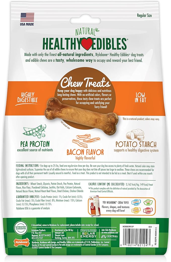 Nylabone Healthy Edibles Natural Dog Chews Long Lasting Bacon Flavor Treats for Dogs, Small/Regular (12 Count)