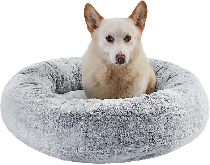 Best Friends by Sheri SnuggleSoft Faux Rabbit Fur Memory Foam Calming Donut Bed for Dogs and Cats, Grey, 30" x 30"