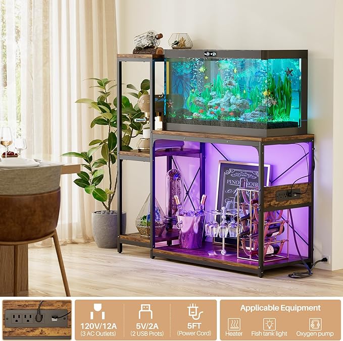 20-29 Gallon Fish Tank Stand with Power Outlet & LED Light, Reversible Wood Aquarium Stand with Shelves for Fish Tank Accessories Storage, Metal Frame, Turtle/Reptile Tank Stand, Rustic Brown