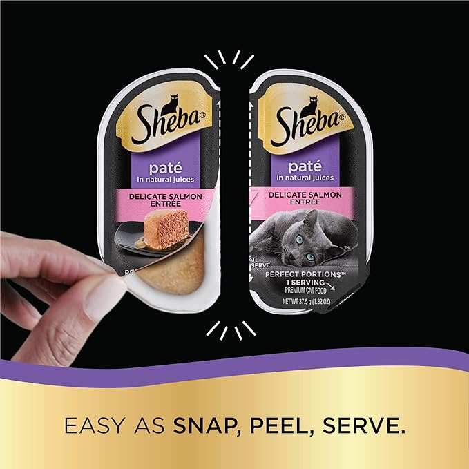 Sheba Wet Food PERFECT PORTIONS Paté Adult Wet Cat Food Trays (24 Count, 48 Servings), Delicate Salmon Entrée, Easy Peel Twin-Pack Trays , 1.32 Ounce (Pack of 48)