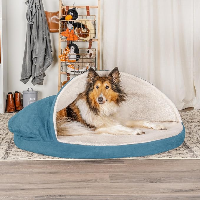 Furhaven 44" Round Cooling Gel Dog Bed for Large Dogs w/ Removable Washable Cover, For Dogs Up to 80 lbs - Sherpa & Suede Snuggery - Blue, 44-inch