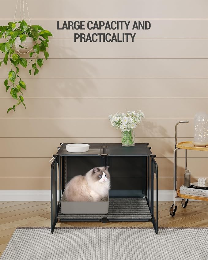 Cat Litter Box Enclosure with Hooks, Plastic Covered Little Box with Mat, Splash Proof Litter Box Furniture, 23.7 x 18.5 x 16.1 inches, End Table for Living Room, Gray CB81899GY