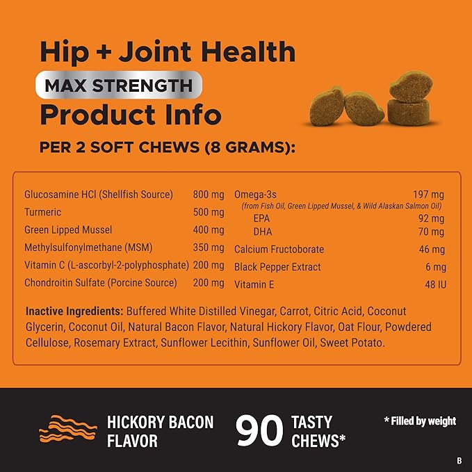 Pet Honesty Hip & Joint Health Max Strength - Natural Joint Supplement for Dogs Chews - Glucosamine, Omega-3s, Chondroitin, Green Lipped Mussel - Help Improve Mobility, May Reduce Discomfort (90 ct)