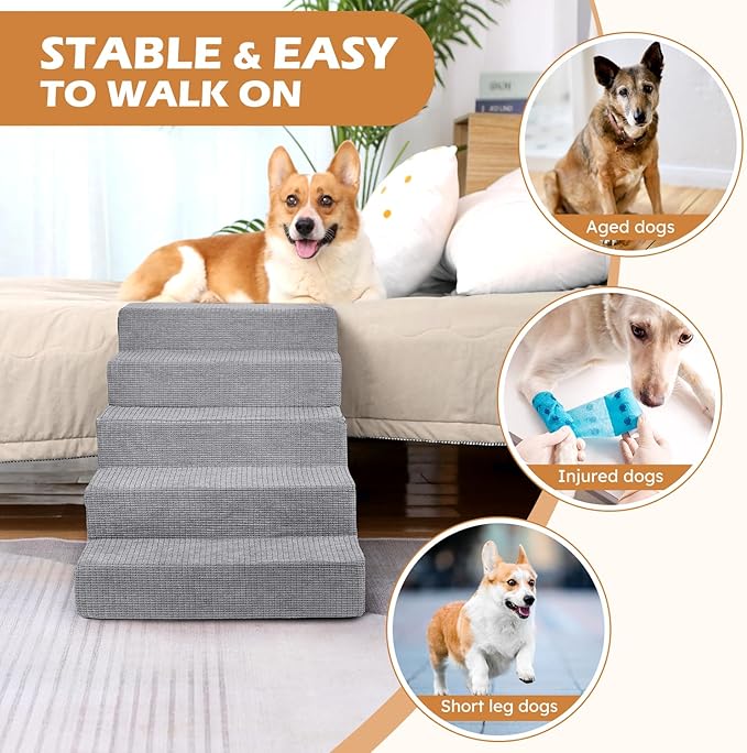 Heeyoo Dog Stairs for Small Dogs,5-Step Dog Steps for High Bed and Couch, High-Density Foam Pet Steps with Supporting Board, Non-Slip Removable Washable Cover, Grey, 23" High