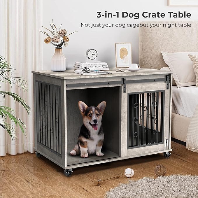 Furniture Style Dog Crate End Table with Sliding Barn Door, Indoor Dog Kennel Furniture with Removable Divider for 2 Small to Medium Pets, Grey, 39.37''W×25.2''D×28.94''H