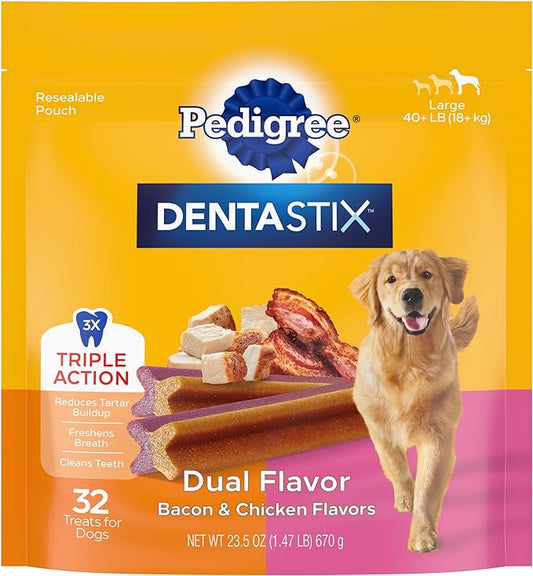 PEDIGREE DENTASTIX Dual Flavor Large Dog Dental Treats, Bacon & Chicken Flavors Dental Bones, 1.47 lb. Pack (32 Treats)