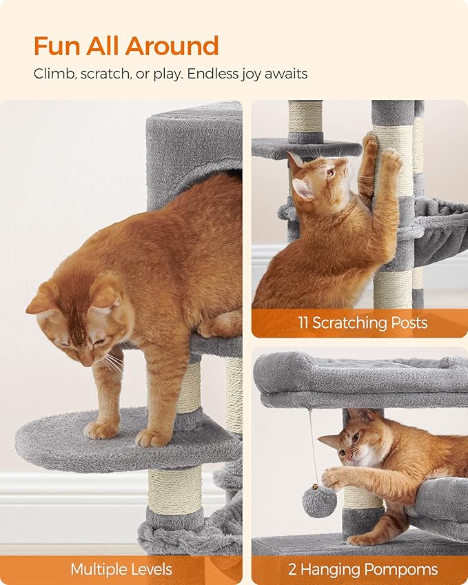 Feandrea Cat Tree, 44.1-Inch Cat Tower for Indoor Cats, Multi-Level Cat Condo with 11 Scratching Posts, 2 Perches, Cave, Hammock, Light Gray UPCT215W01