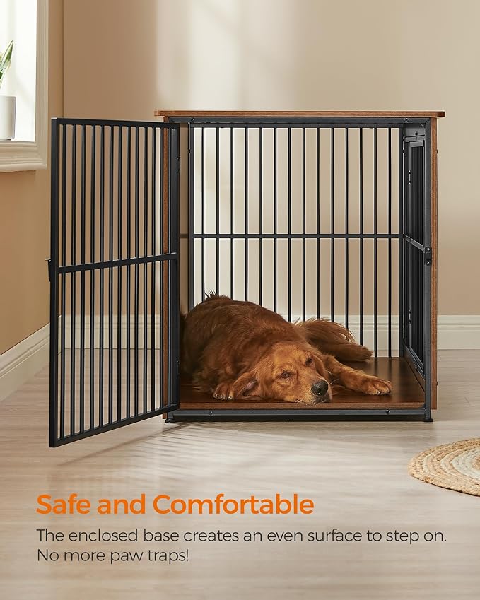 Feandrea Dog Crate Furniture, Side End Table, Modern Kennel for Dogs Indoor up to 80 lb, Heavy-Duty Dog Cage with Enclosed Base, Double-Door Dog House, Rustic Brown UPFC024X01