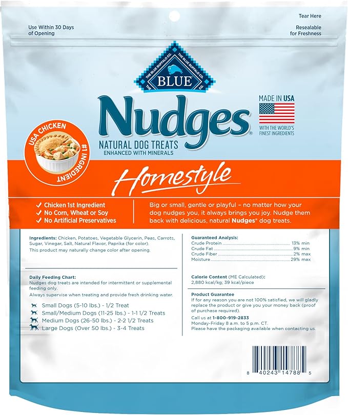 Blue Buffalo Nudges Homestyle Natural Dog Treats Made with Real Chicken, Made in the USA, Chicken, 10-oz. Bag