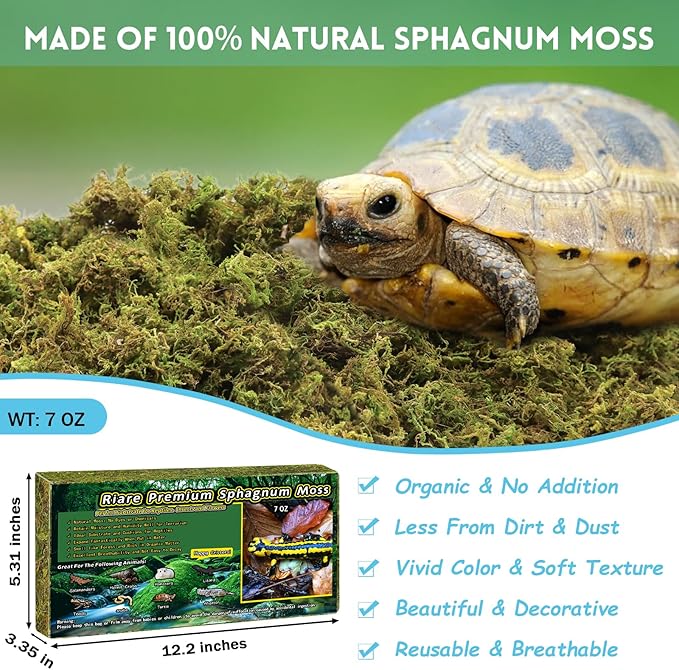 7 OZ Premium Sphagnum Moss for Reptiles- 10QT Natural Live Moss Reptile Moss Bedding for Terrarium, Hatching, Forest Sphagnum Moss Reptile Substrate for Snakes, Gecko, Turtles, Frogs, Leopard