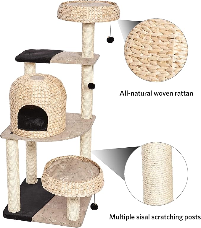 MidWest Homes for Pets Cat Tree | Biscayne Cat Furniture, 5-Tier Cat Tree w/Sisal Wrapped Support Scratching Posts & High Cat Look-Out Perch, Woven Rattan & Script, Large Cat Tree