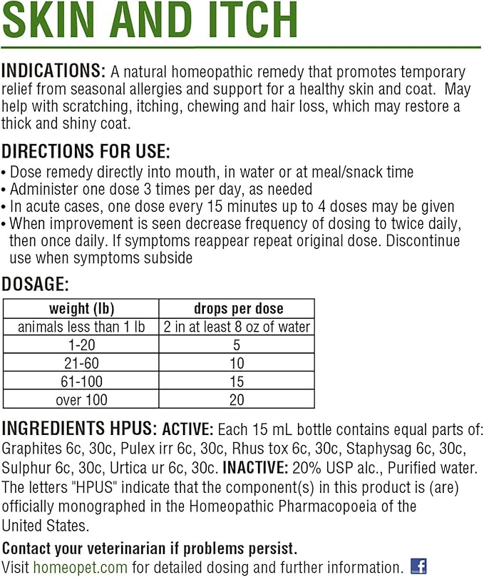 HomeoPet Skin and Itch, Safe and Natural Itch Relief for Dogs and Cats, Coat and Skin Soother for Pets, 15 Milliliters