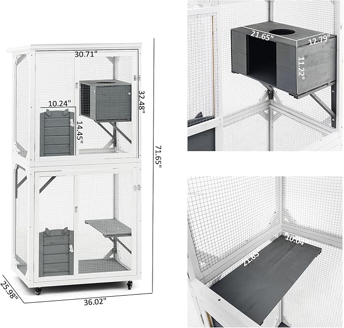 72 Inch Wooden Catio Outdoor Cat Enclosure on Wheels, Luxury Kitty-House with 2 Jumping Platforms & Weatherproof Asphalt Roof, Kitty Condo Cage Shelter Playpen with Sliding Doors