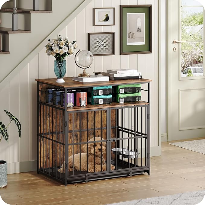 Dog Crate Furniture with Storage, 31.5" Heavy Duty Dog Kennel with Bowls & Removable Tray, Wooden Dog Cage End Table for Small/Medium Dogs, Chew-Resistant, Rustic Brown DCHR10801
