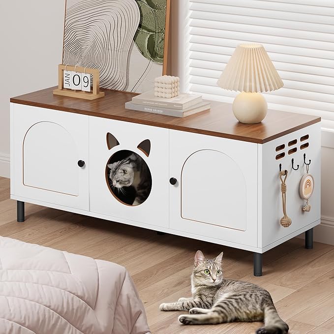 YITAHOME Cat Litter Box Enclosure for 2 Cats, Hidden Litter Box Furniture with Double Rooms, Scratching Pad, Pompom,Hanging Hooks, Wooden Cat House, 47.2" L x17.7 W x20.4 H, White and Rustic Brown