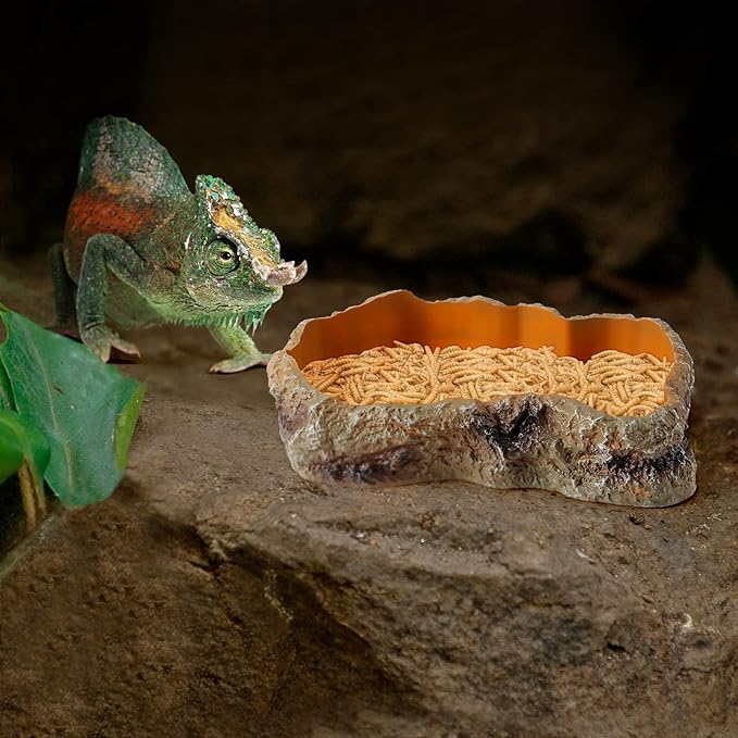 Reptile Food Water Rock Bowls - Lizard Resin Rock Worm Feeding Dish, Amphibian Feeder Bowl Terrarium Decor for Bearded Dragons, Chameleon, Leopard Gecko, Frog, Snake, Hermit Crabs, Turtle Spider Pet