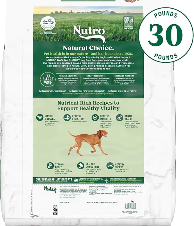 NUTRO NATURAL CHOICE Adult Dry Dog Food, Lamb & Brown Rice Recipe Dog Kibble, 30 lb. Bag