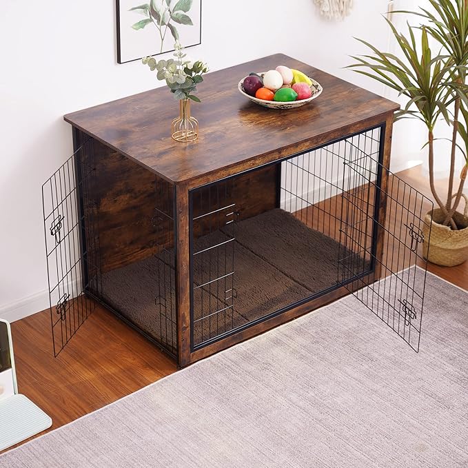 DWANTON Dog Crate Furniture with Cushion, XL Wooden Dog Crate with Double Doors, Large Dog Crate Furniture, Dog Kennel Indoor, Extra Large, 43.3" L, Rustic Brown