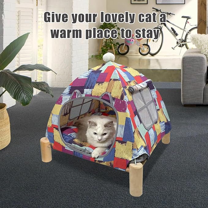 Pozico 2 in 1 Cat Bed Tent Wooden Frame Cat Teepee Cat Hammock, Quick Assembly and Disassembly, Portable Indoor/Outdoor Pet Dog Tent House for Cats Puppies Small Animals:Colorful Blocks Tent