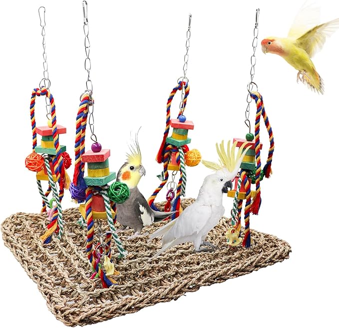 Large Bird Swing Toys, Colorful Parrot Seagrass Mat Hammock with Blocks, Bird Foraging Toy, Bird Cage Accessories, Suitable for Small to Medium Birds Parakeets Lovebirds Cockatiels 15.7 × 11.8 Inches