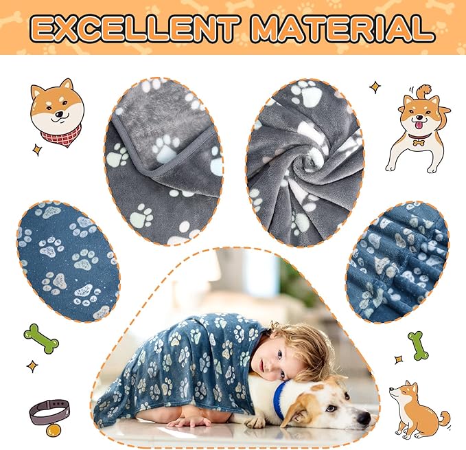 1 Pack 3 Blankets for Dogs, Dog Blankets for Large Dogs, Medium Dog Blanket Super Soft Fluffy Premium Fleece Pet Blanket Flannel Throw for Dog Puppy Cat Paw Blanket, Blue 2+Gray 1,31x41inch